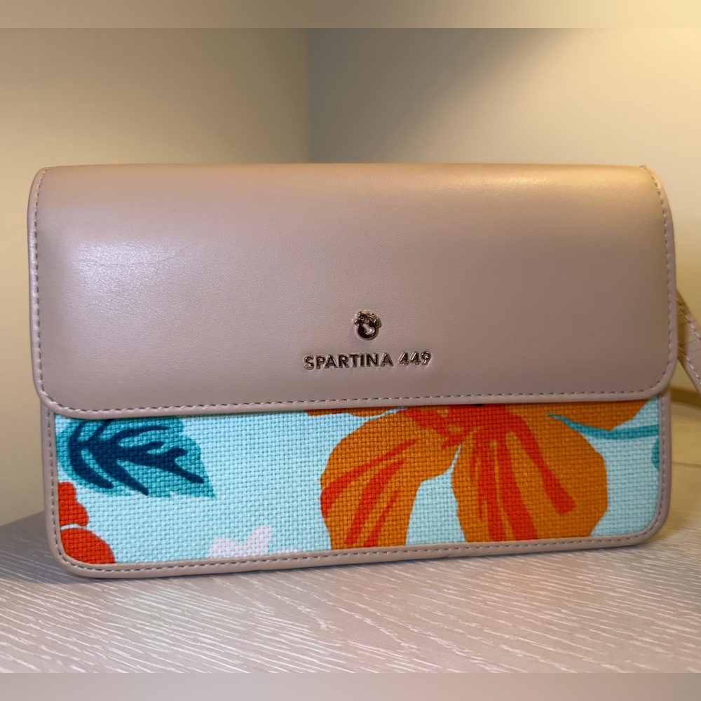 Spartina 449 Hibiscus - Tropical print and Tan Cross Body Flap Bag *Strap wear!*